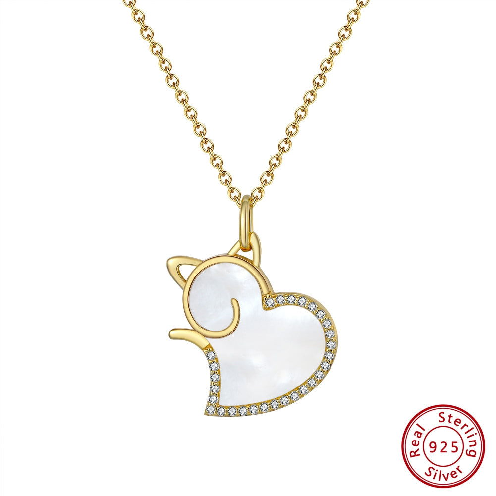 925 Sterling Silber Katzen-Herz Halskette mit Perlmutt und Zirkonia