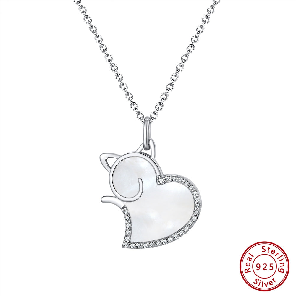 925 Sterling Silber Katzen-Herz Halskette mit Perlmutt und Zirkonia