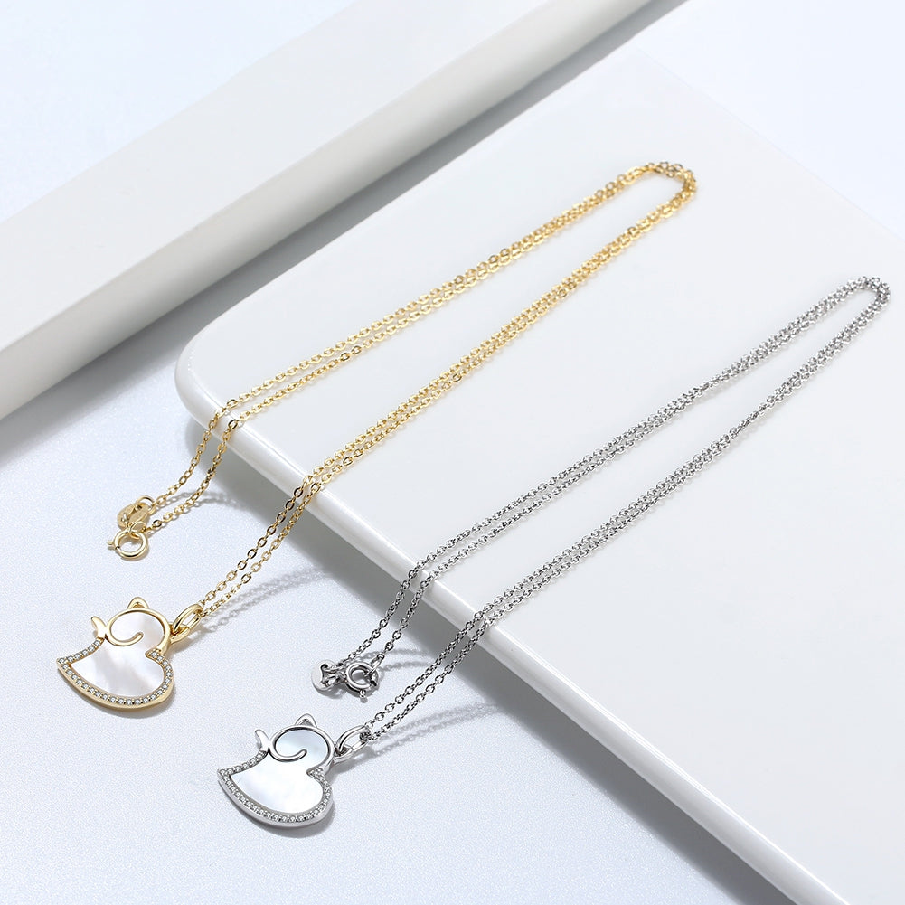 925 Sterling Silber Katzen-Herz Halskette mit Perlmutt und Zirkonia
