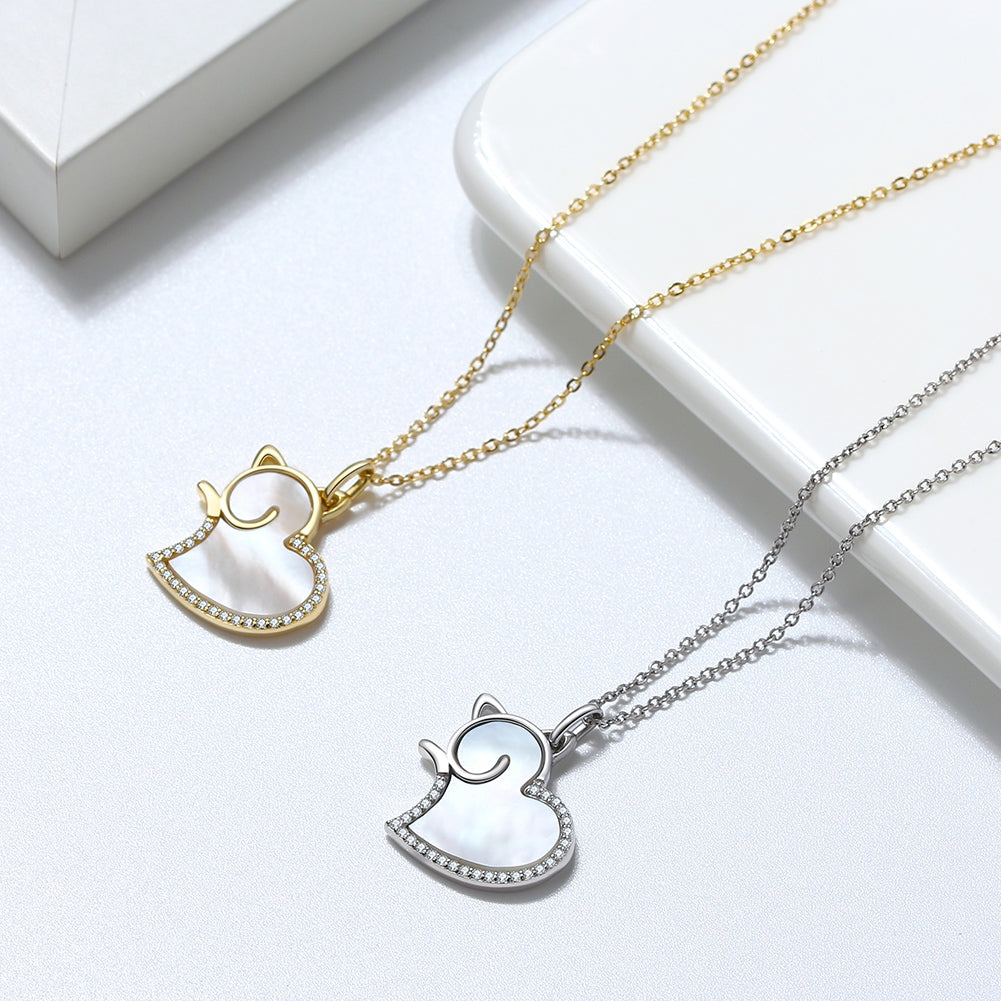925 Sterling Silber Katzen-Herz Halskette mit Perlmutt und Zirkonia