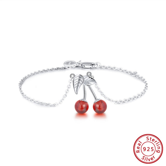 Armband mit roten Kirschen aus 925 Sterling Silber