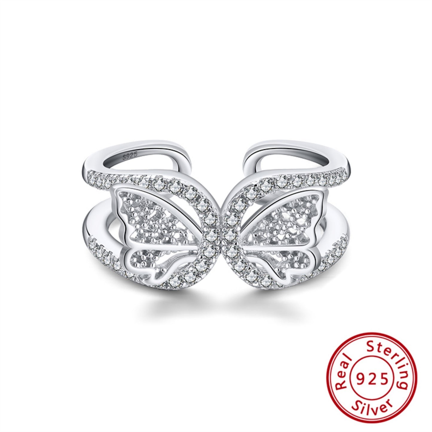 Schmetterlingsring aus 925er Sterlingsilber mit Zirkonia-Steinen